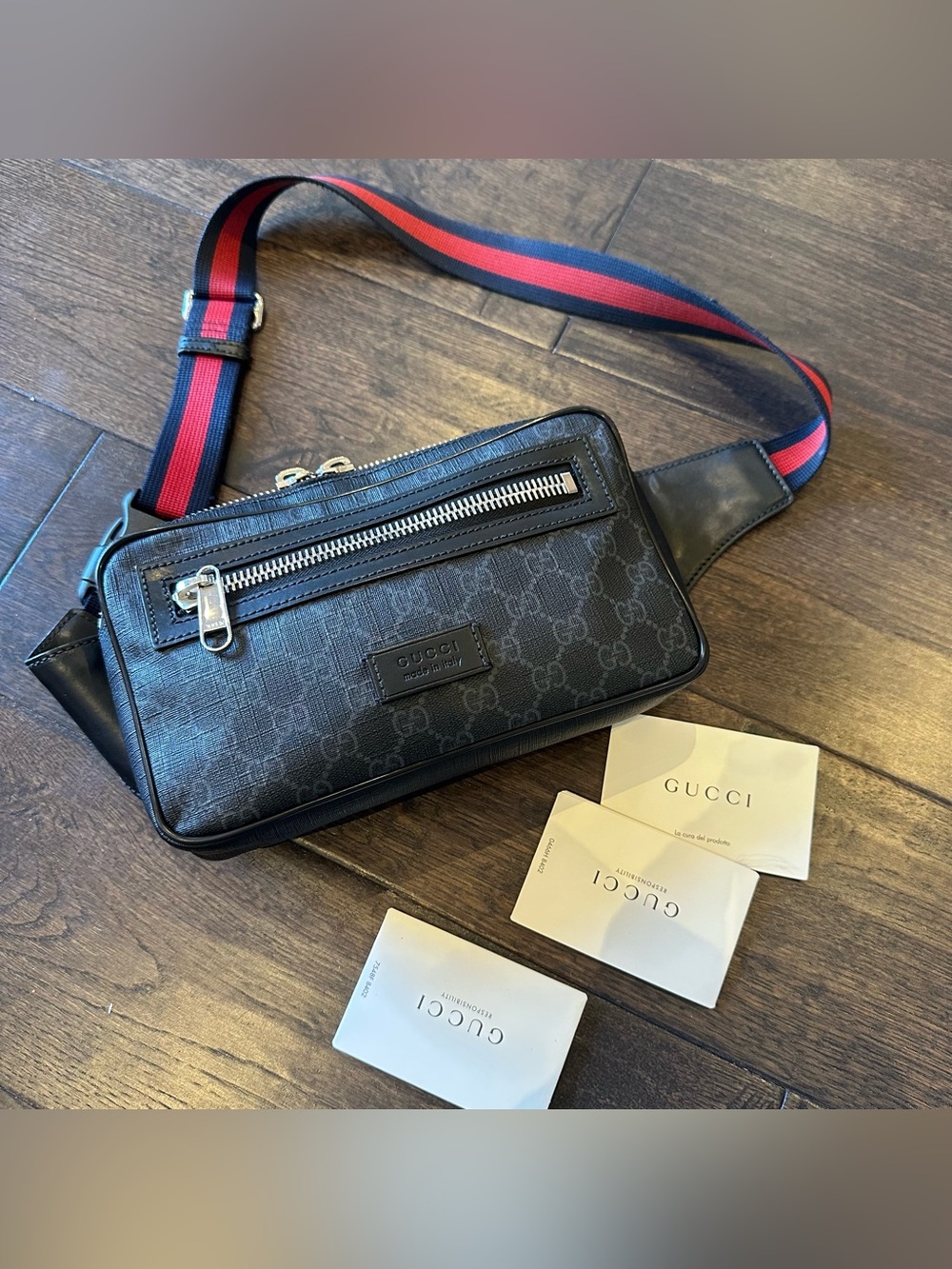 Gucci Black GG Supreme Monogram Web Belt Bag